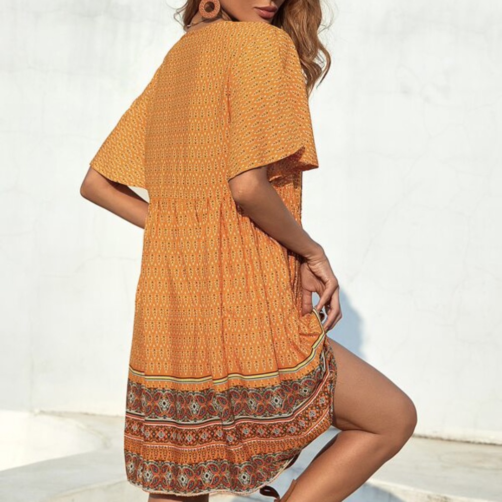 Bohemian orange Paisley Butterfly Sleeve Mini Dress - Picture 4 of 6